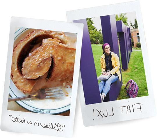 Student sitting in large letters that spell Fiat Luz; cinnamon toast from The Collegiate